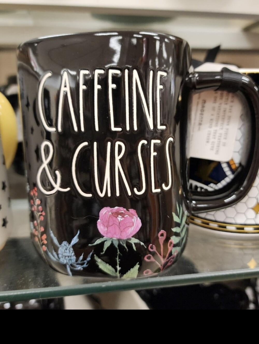 Rae Dunn Black Floral "Caffeine & Curses" Mug